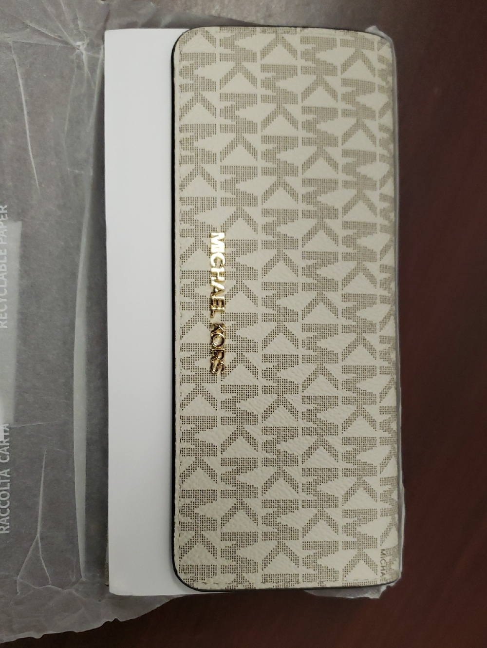 Michael Kors Beige Monogram Continental Wallet with Gold Logo